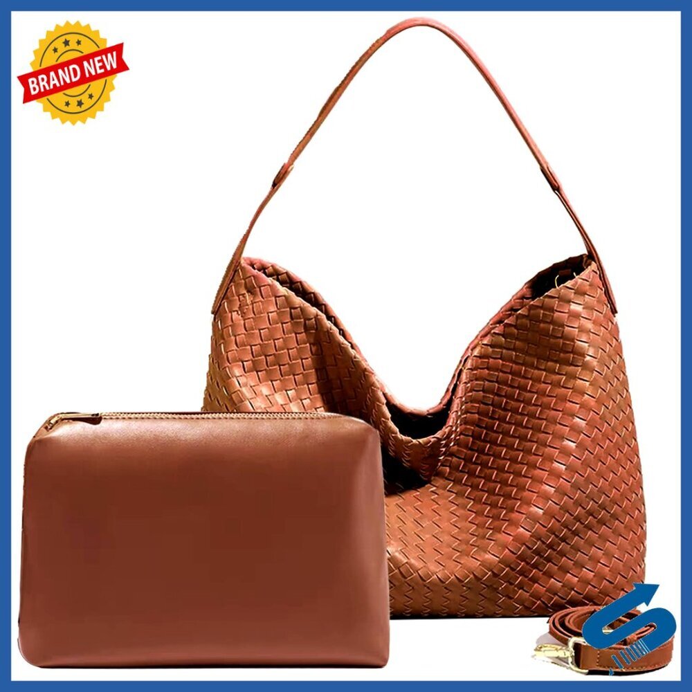 Large Vegan Leather Woven Tote with Adjustable Strap and Clutch